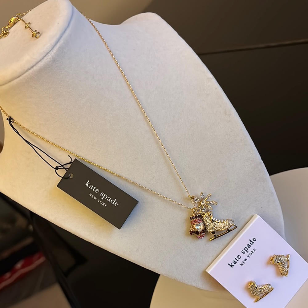 ♠️ Kate Spade Gold Skate Necklace with Festive Charm and Skate earrings ♠️